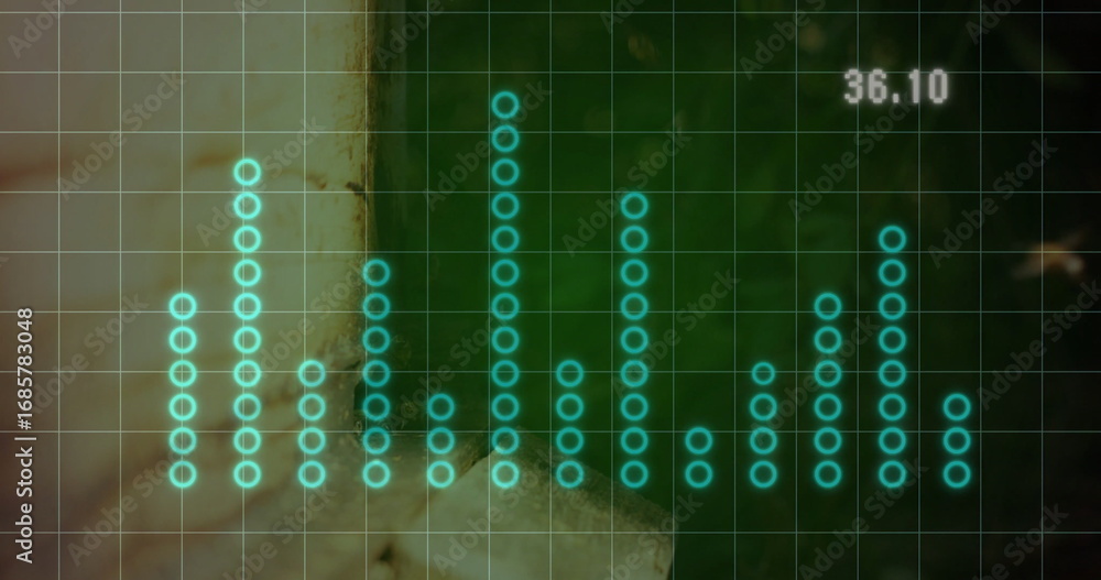 Aufkleber displaying teal circle equalizer bars glowing on digital grid overlay with numeric readout 36