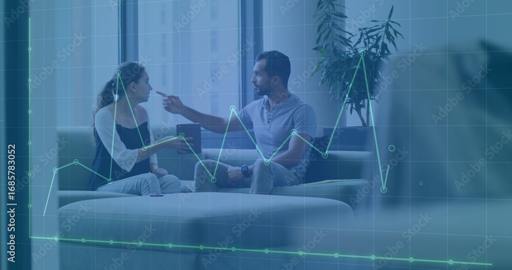 Poster coworkers in business attire discussing data metrics in lounge with tablet and line chart overlay