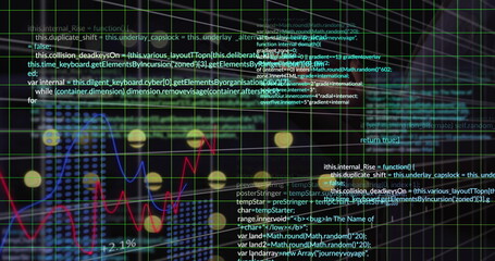 Displaying data visualization and code on screen, showing green grid, yellow nodes and line graph