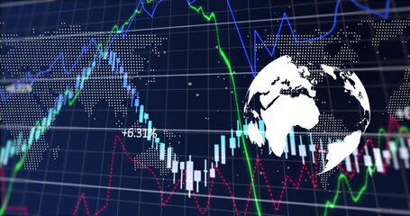 Showing stylized globe positioned right on digital trading dashboard with candlesticks, copy space