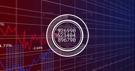 Displaying white infographic showing numeric values on screen with red and blue charts, grid lines