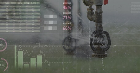 Spraying irrigation valve head sending water over grassland with financial data overlay, copy space
