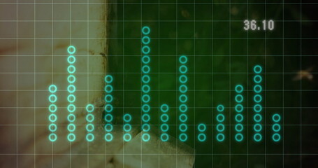 Displaying teal circle equalizer bars glowing on digital grid overlay with numeric readout 36