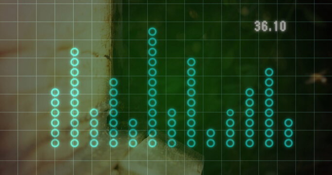Displaying teal circle equalizer bars glowing on digital grid overlay with numeric readout 36