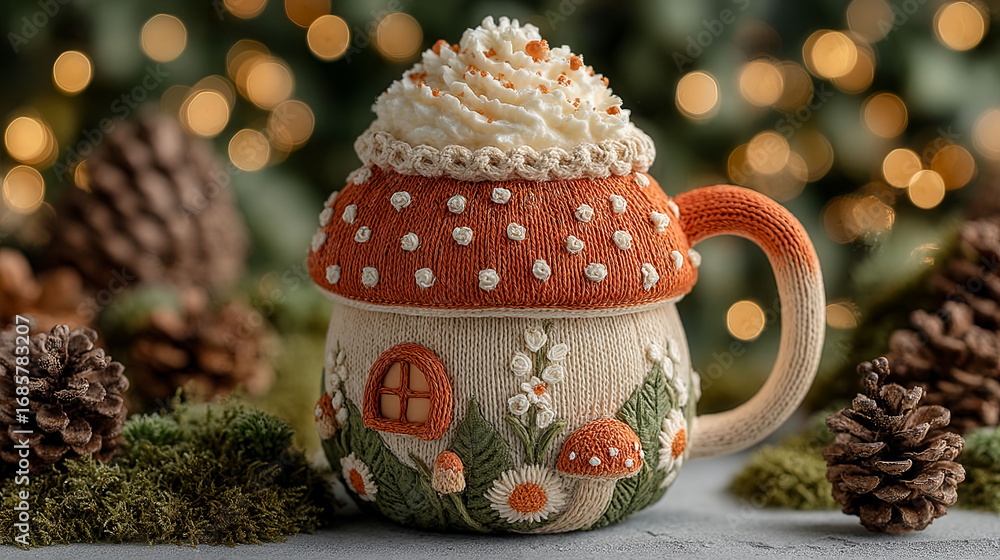 Poster a mug with a mushroom design and a white frosting on top. the mug is placed on a table with pine con