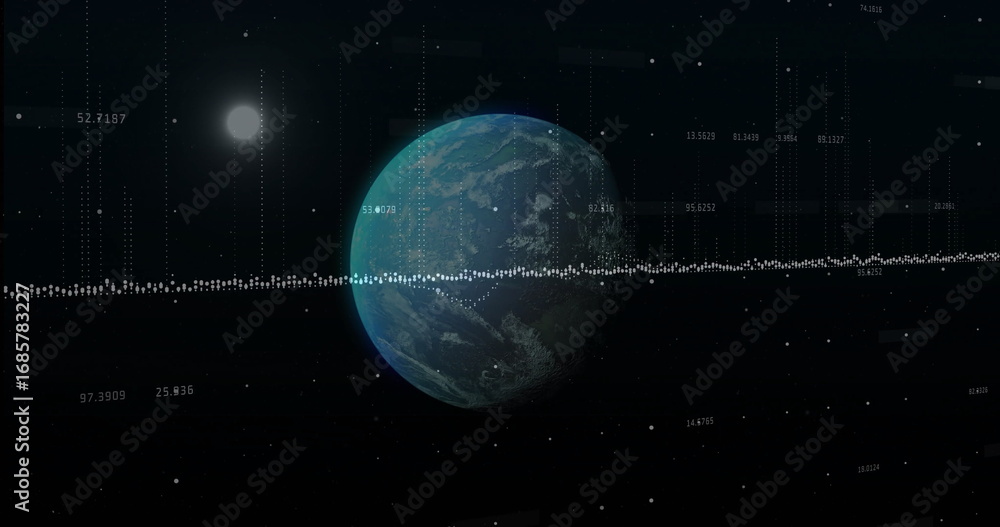 Poster showing spherical planet resembling earth rotating in deep space, with bright star and bar graph