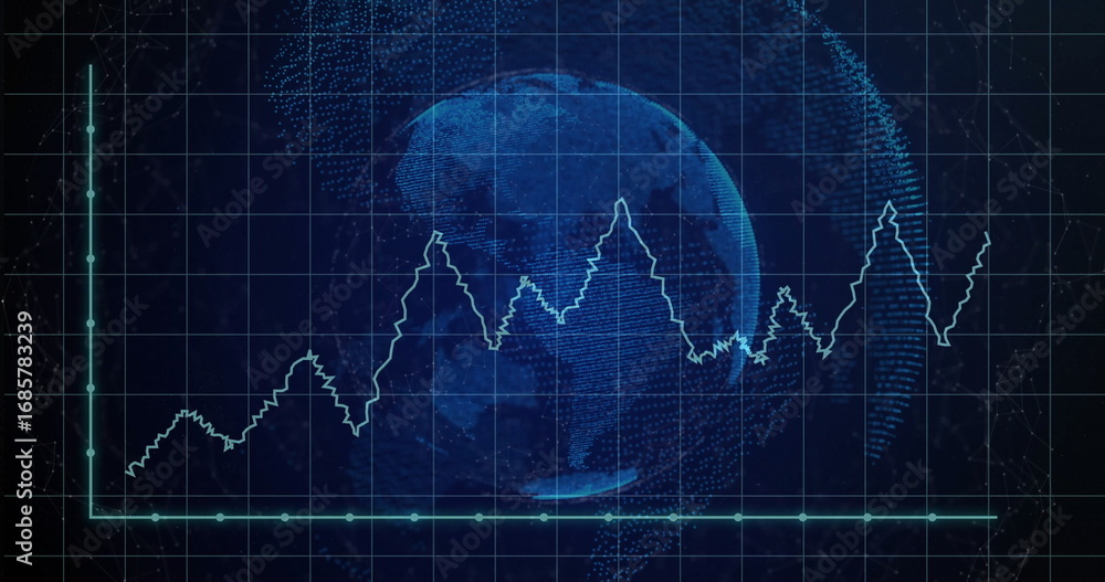 Poster glowing holographic globe hovering over blue grid with axes, plotting light-blue line graph markers