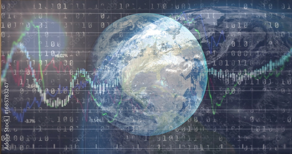 Poster rotating earth globe showing binary overlay in data space, with colored line graphs and percentages