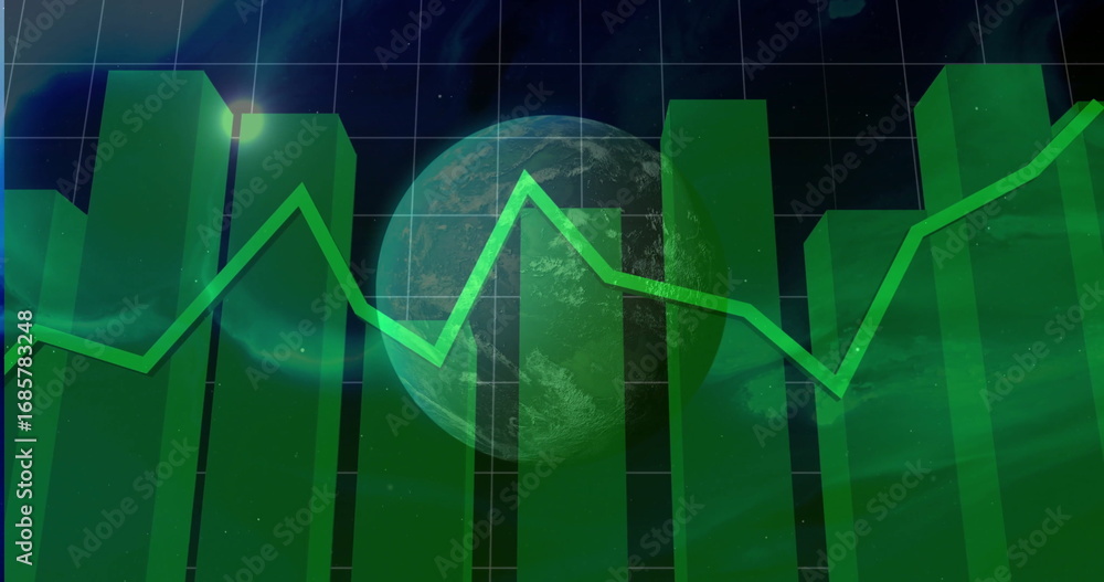 Poster chart showing green bars and green line graph over semi-transparent globe in space grid overlay