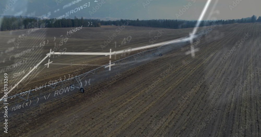 Poster displaying center pivot irrigation watering farmland with translucent code line graph overlays