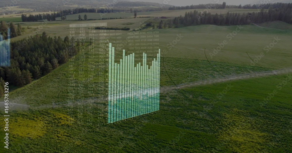 Poster displaying holographic overlay with 3d bar chart and floating numeric matrix above rural farmland