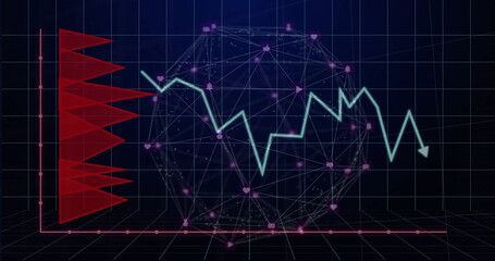 Visualizing glowing sphere, blue line graph, red bar chart over 3D grid plane in digital space