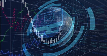 Displaying 3D globe rotating in virtual finance interface, with candlestick chart and blue rings
