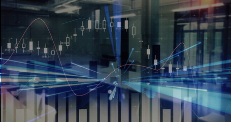 Floating financial data visuals hovering over modern office, with candlestick bars and trend lines