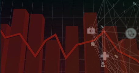 Displaying red bar graphs with overlaid line graph on digital dashboard, showing network icons