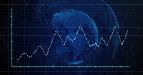 Glowing holographic globe hovering over blue grid with axes, plotting light-blue line graph markers