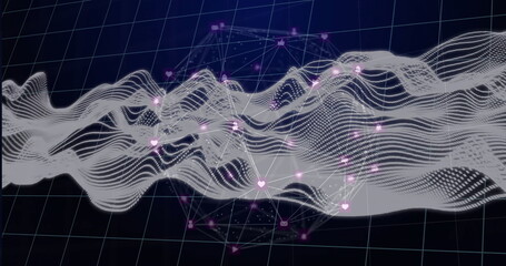Showing wave flowing over 3D grid, with pink nodes, white lines showing heart, mail, arrow icons
