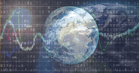 Fototapeta premium Rotating Earth globe showing binary overlay in data space, with colored line graphs and percentages