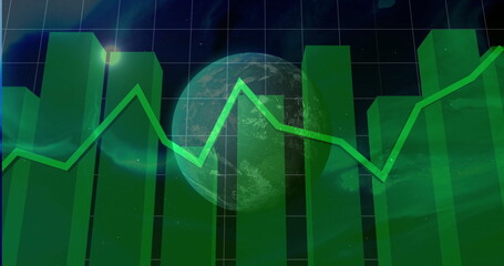 Chart showing green bars and green line graph over semi-transparent globe in space grid overlay