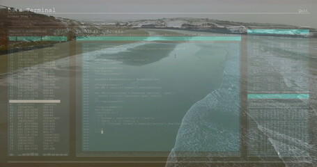 Displaying digital terminal interface hovering over beach dunes, with code window and data logs