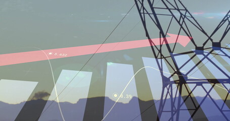 Transmission tower rising over mountains, with charts, red arrow and labels 5