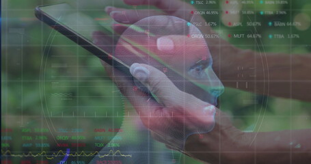 Holding smartphone in woman's hands showing AR head model in garden, with UI overlays