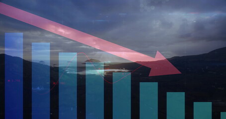 Displaying translucent descending bar chart over hills and peaks by lake at dusk, with pink arrow