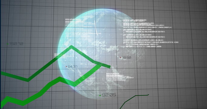 Displaying semi-transparent 3D globe in virtual dashboard, with green chart lines and code snippets