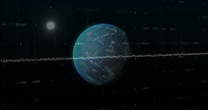Naklejki Showing spherical planet resembling Earth rotating in deep space, with bright star and bar graph
