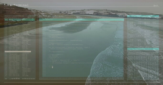 Displaying digital terminal interface hovering over beach dunes, with code window and data logs - Powered by Adobe