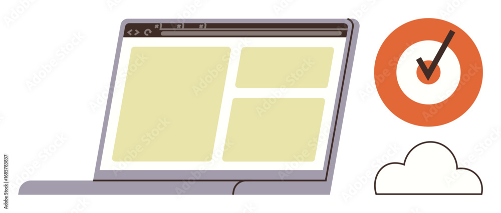 Poster laptop with simplified interface, orange target icon with a checkmark, and cloud shape. ideal for te