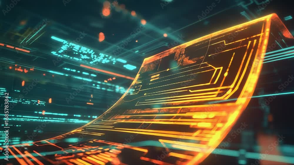 Poster futuristic orange hologram floating through cyberspace showing programming code