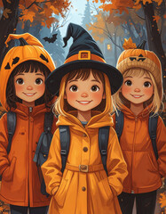 Group of kids in Halloween costumes trick or treating outdoors, autumn evening