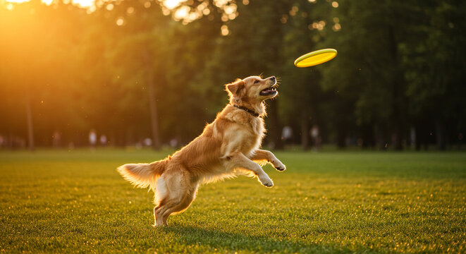 Joyful golden retriever leaps high catching frisbee in sun-drenched park with golden hour glow