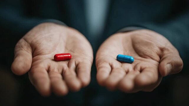Two open hands present choice between red blue pills. Decision-making, contrast. Symbolic concept of make choice, philosophy, critical thinking. Metaphor of knowing truth, illusory ignorance of world.
