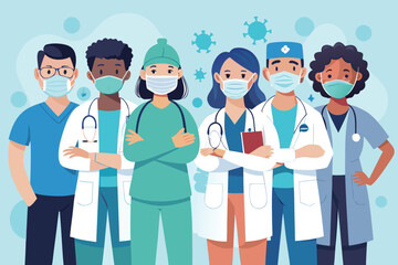 Medical professionals wearing masks stand together in a healthcare setting during a pandemic