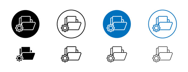 Project management icons set in black and blue colors on white background