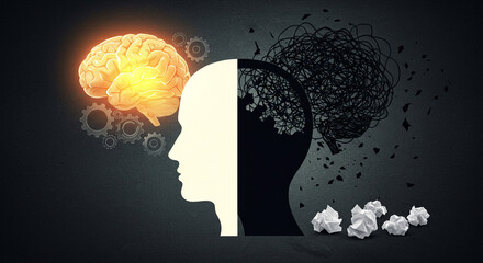 Stunning dual-sided brain graphic illustrating mental clarity versus chaos and confusion