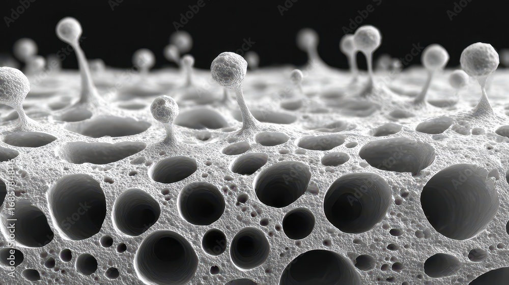 Poster Detailed close-up of textured surface showcasing irregular shapes and voids in a monochromatic setting