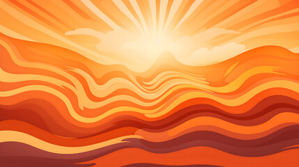 Vibrant abstract landscape illustration featuring flowing waves of orange and yellow hues with a radiant sun illuminating the scene, creating a warm and inviting atmosphere