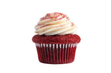 a photorealistic image of an elegant red velvet cupcake, adorned with creamy white frosting and delicate red sprinkles, isolated on a transparent background in PNG format.