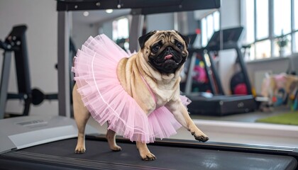 Pug in tutu on treadmill in gym
