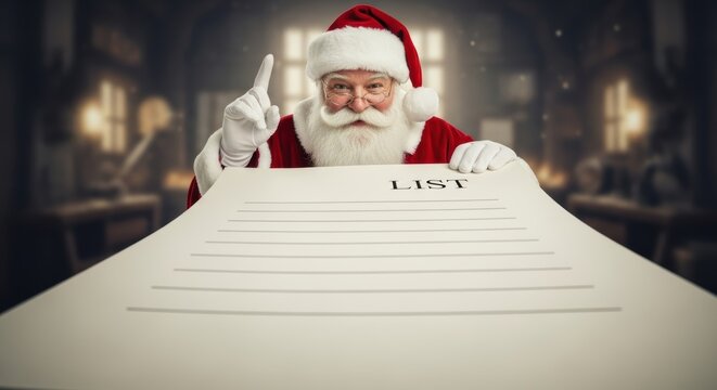 santa claus with long list and pointing gesture