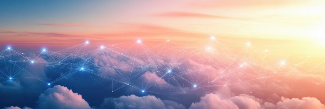 Innovative digital network over a serene sunset sky with clouds illuminated by warm hues