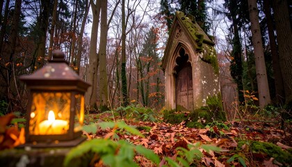 A weathered stone chapel, nestled deep within a forest, bathed in the warm glow of a lantern.