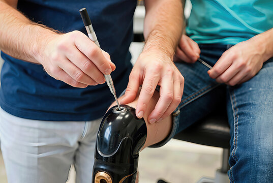 Close-up of Hands Adjusting Prosthetic Knee Joint