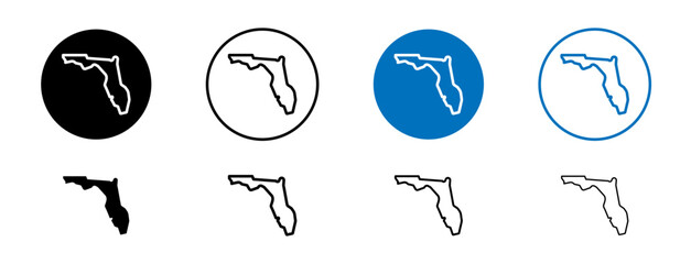 Florida map icons set in black and blue colors on white background