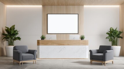 This image depicts a modern reception area with a sleek white desk featuring a wooden front. Two gray armchairs are positioned in the foreground, and two potted plants flank the.