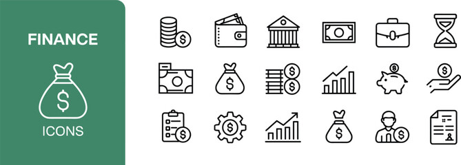 Finance icons, money outline, banking symbols, investment vector, wallet, piggy bank, cash flow, business chart, profit growth, economy, editable stroke