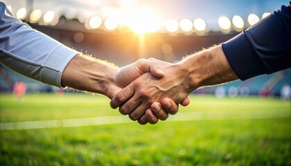 two people shaking hands on a blurred sports field at sunset
